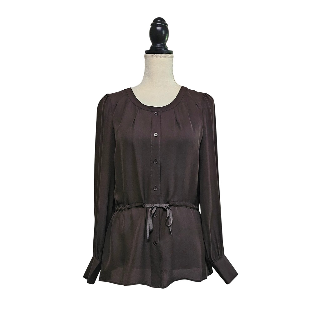 NWT Alfani Silk Brown Button Front Tie Waist Top Size 6 Sophisticated Preppy